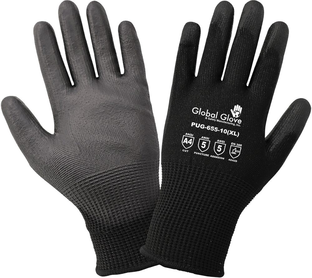 Global Glove PUG-655 Smooth Polyurethane Coated Black HPPE Cut and Puncture Resistant Gloves, Cut Level A4, Dozen - Small