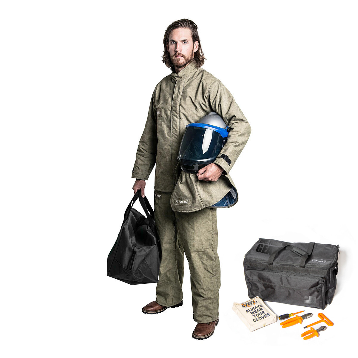 OEL® Premium 40 Cal/cm2 CAT 4 Jacket and Bib Overalls Arc Flash Kit with Lift Front Hood, Fan Unit and Articulating Lights, NFPA 70E